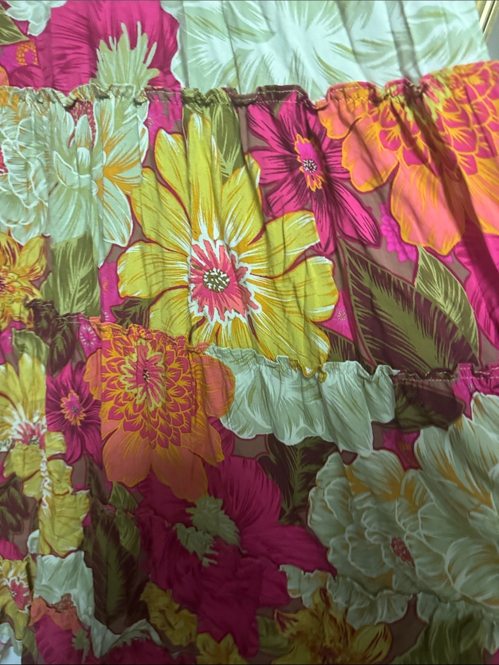 Bright Floral Tiered Dress — Pink, Yellow & Green. NEW - Size M